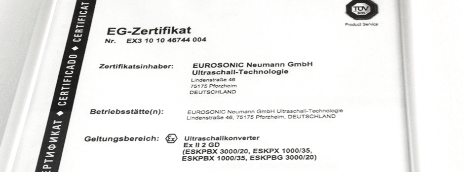 Bild eines UL-Zertifikats für Ultraschall-Komponenten im Hochleistungsbereich